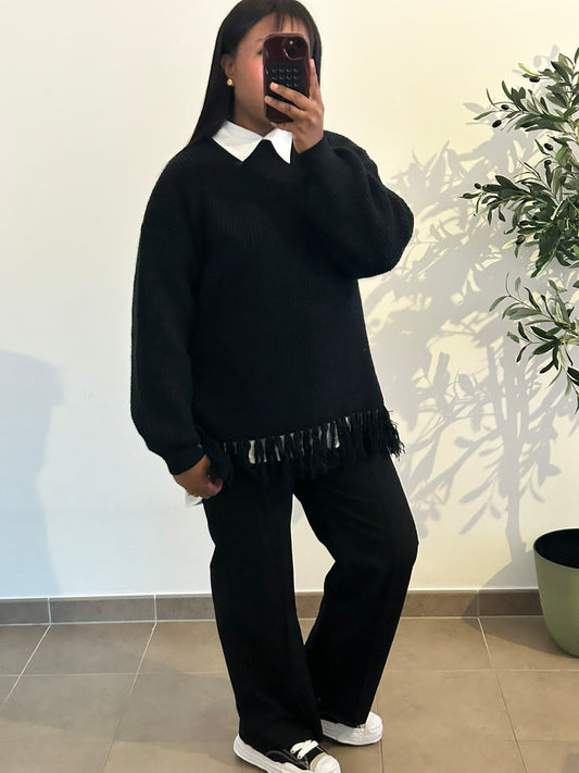 PULL EN MAILLE AVEC FRANGES - NOIR