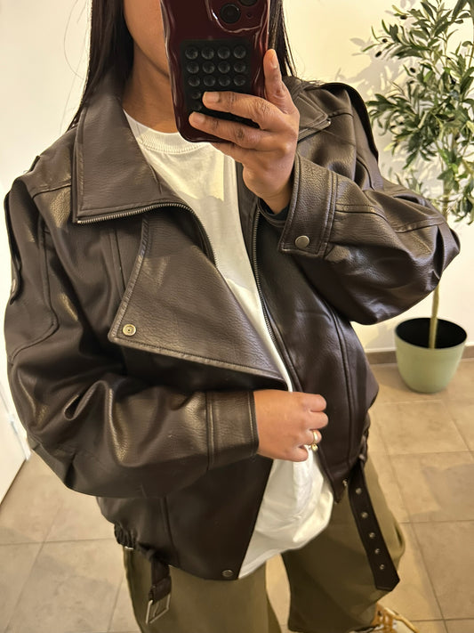 BLOUSON SIMILI CUIR BROWN