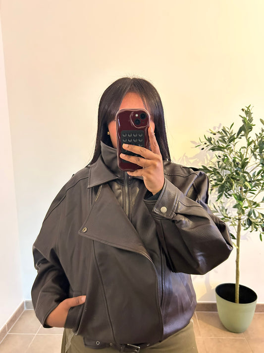 BLOUSON SIMILI CUIR BROWN